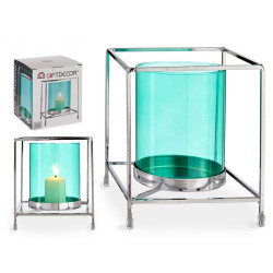 BASE BOUGIE VERRE CARRE BLEU METAL ARGENT GRD 