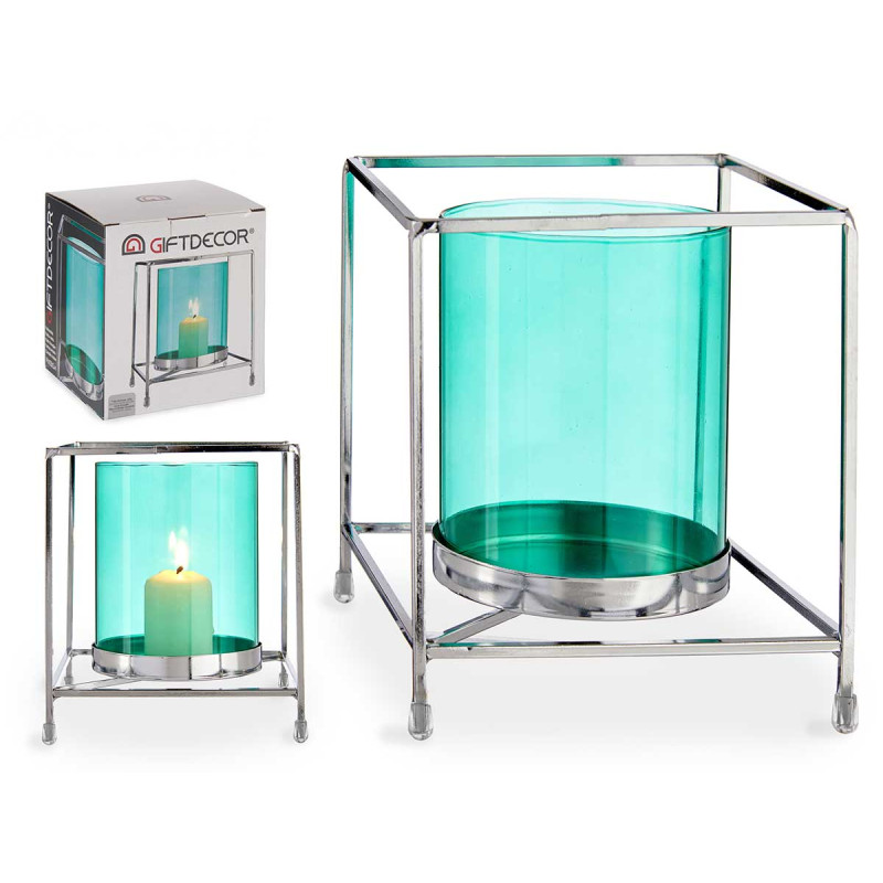 BASE BOUGIE VERRE CARRE BLEU METAL ARGENT GRD 