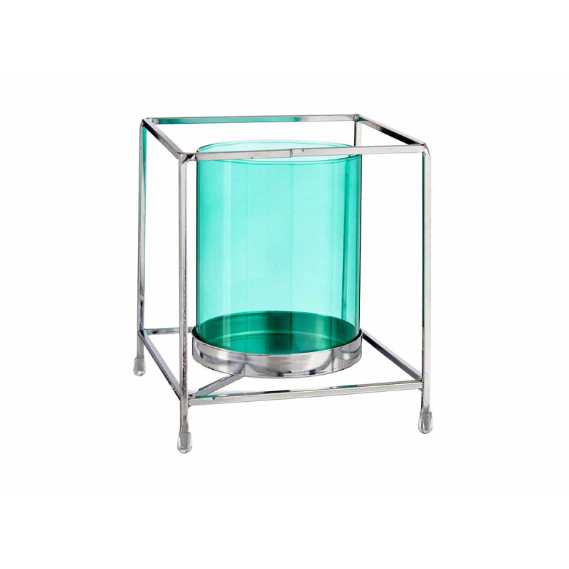 BASE VELA VIDRO QUADRAD AZUL METAL PRATEADO GRD