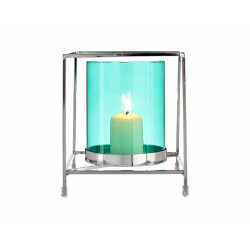 BASE BOUGIE VERRE CARRE BLEU METAL ARGENT GRD 