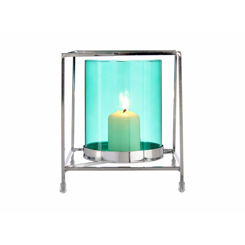 BASE BOUGIE VERRE CARRE BLEU METAL ARGENT GRD 