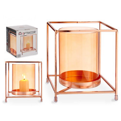 BASE BOUGIE VERRE CARRE AMBRE METAL CUIVRE GRD 