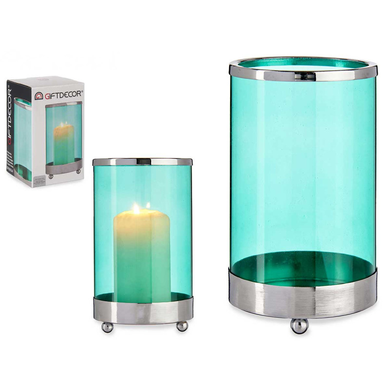 BASE  BOUGIE VERRE CYLIND BLEU METAL ARGENT PET 