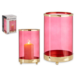 BIG PINK GLASS CYLINDR GOLD METAL CANDLE BASE