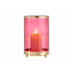 BASE VELA VIDRO CILIND ROSA METAL OURO GRD