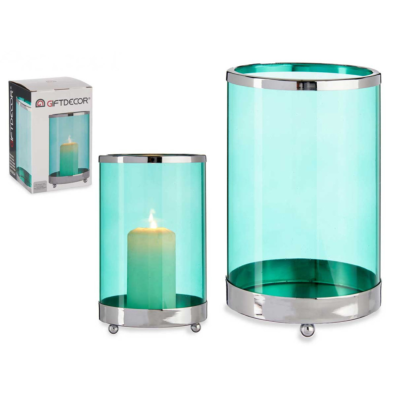 BASE BOUGIE VERRE CYLIND BLEU METAL ARGENT GRD