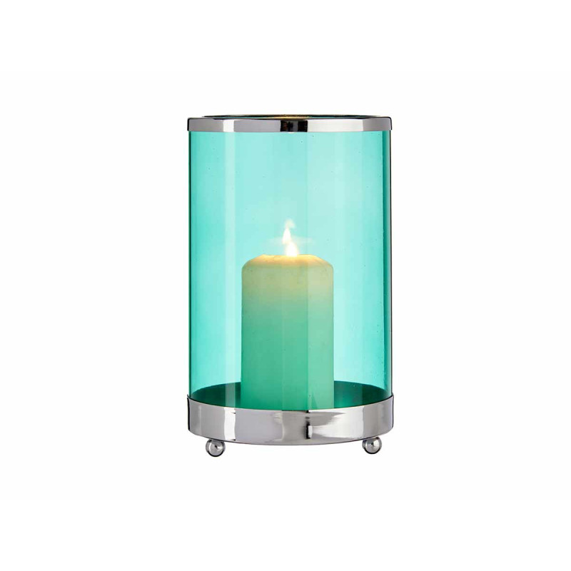 BASE VELA VIDRO CILIND AZUL METAL PRATEADO GRD