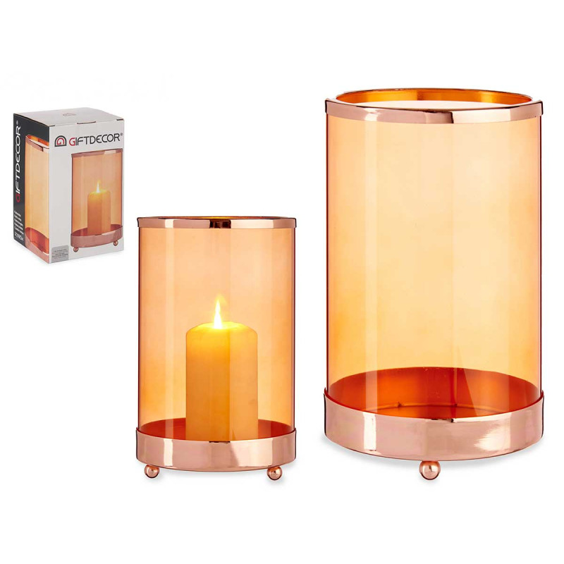 BASE VELA VIDRO CILIND ÂMBAR METAL COBRE GRD