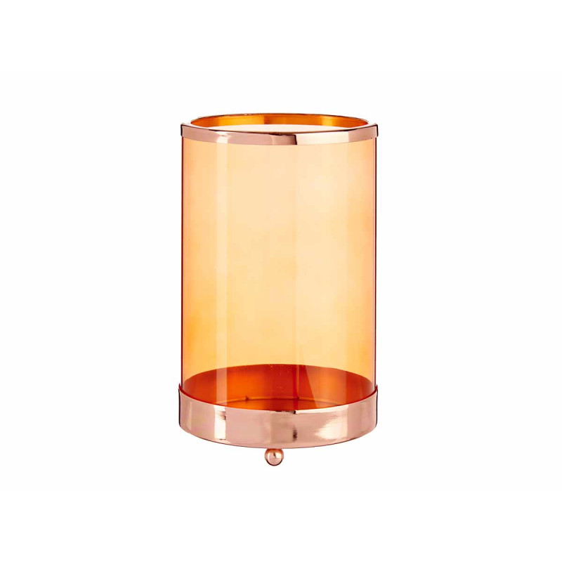 BASE VELA VIDRO CILIND ÂMBAR METAL COBRE GRD