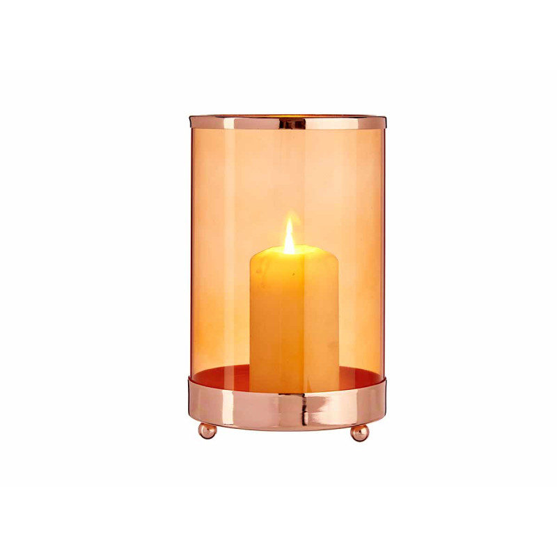 BASE VELA VIDRO CILIND ÂMBAR METAL COBRE GRD