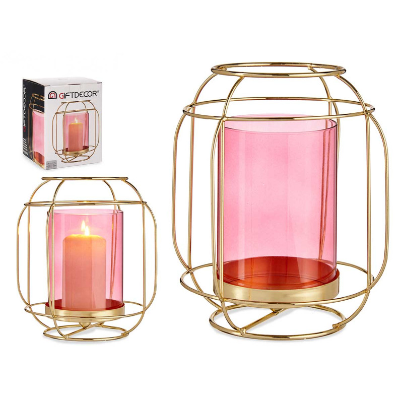 BASE VELA VIDRO LANTERNA ROSA METAL ORO