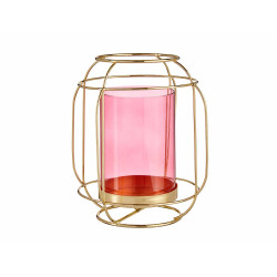 BASE VELA VIDRO LANTERNA ROSA METAL ORO