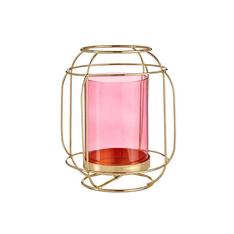 BASE VELA VIDRO LANTERNA ROSA METAL ORO