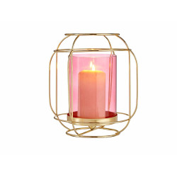 BASE VELA VIDRO LANTERNA ROSA METAL ORO