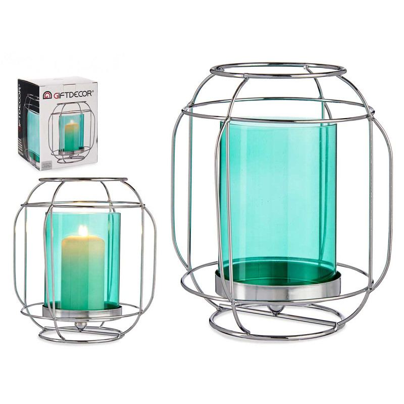 BASE VELA VIDRO LANTERNA AZUL METAL PRATEADO 