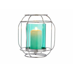 BASE VELA VIDRO LANTERNA AZUL METAL PRATEADO 