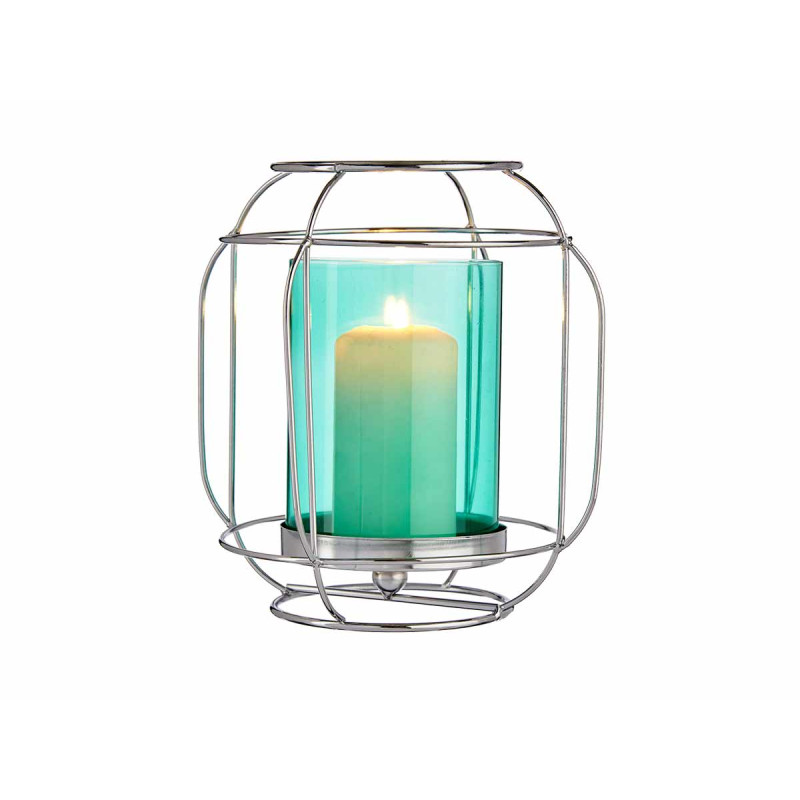 BASE VELA VIDRO LANTERNA AZUL METAL PRATEADO 