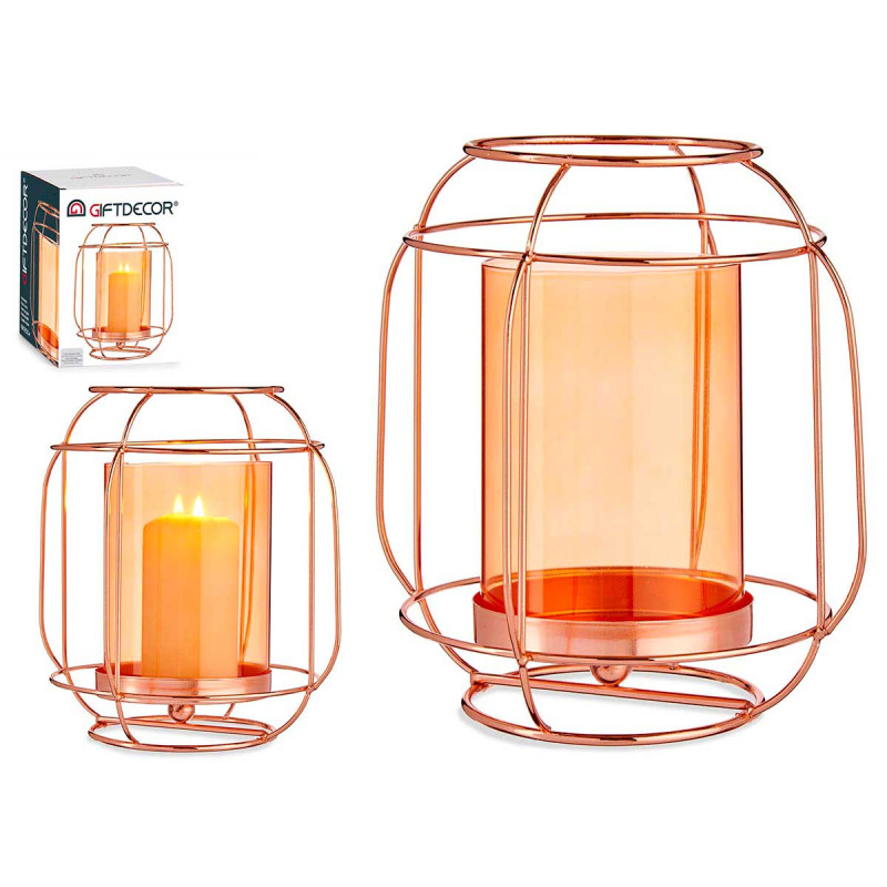 BASE BOUGIE VERRE LANTERNE AMBRE METAL CUIVRE