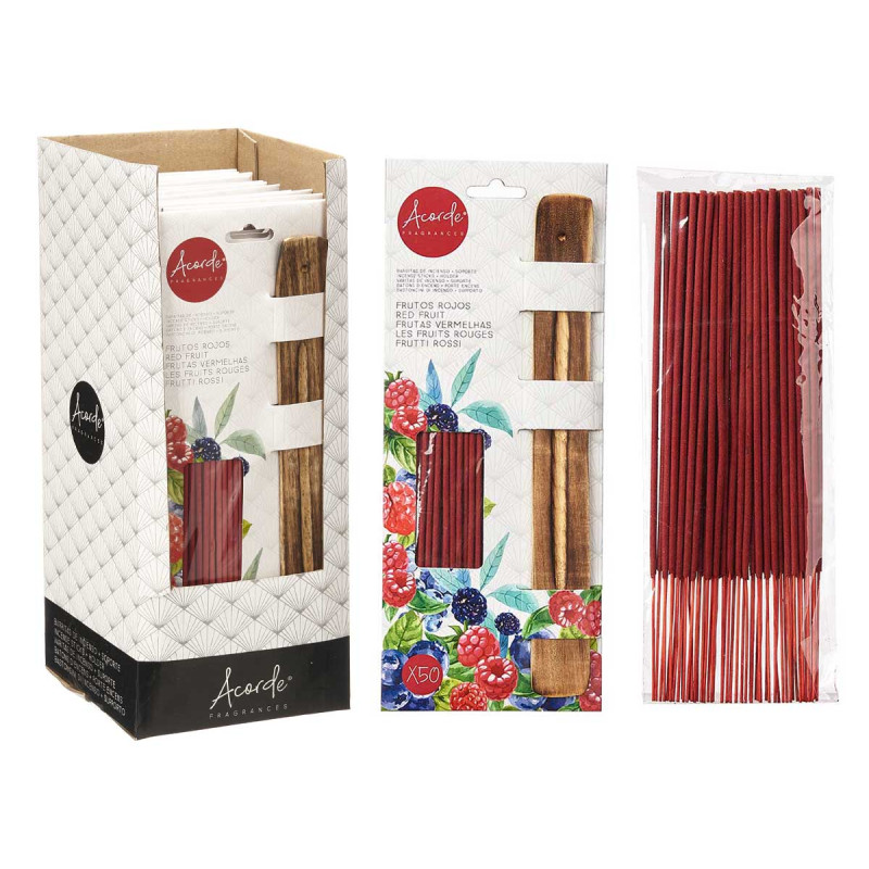 SET 50 BÂTONS D'ENCENS SUPPORT BOIS FRUITS ROUGES 
