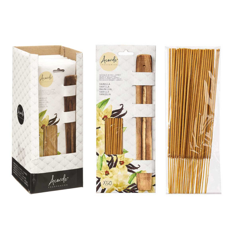 SET 50 BÂTONS D'ENCENS SUPPORT BOIS VANILLE