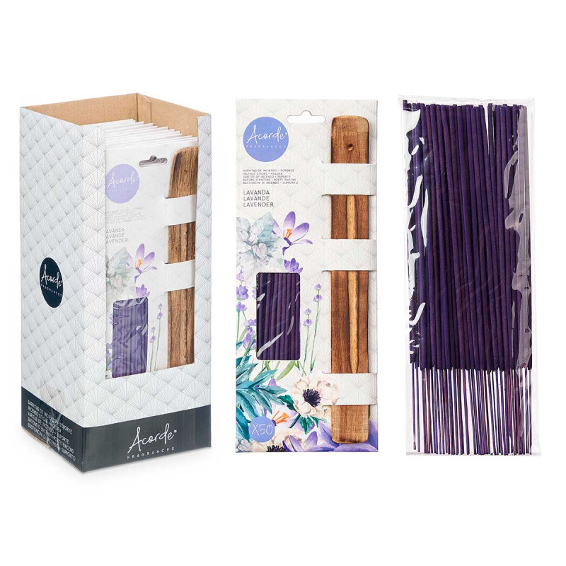 SET 50 BARRAS INCIENSO SOPORTE MADERA LAVANDA
