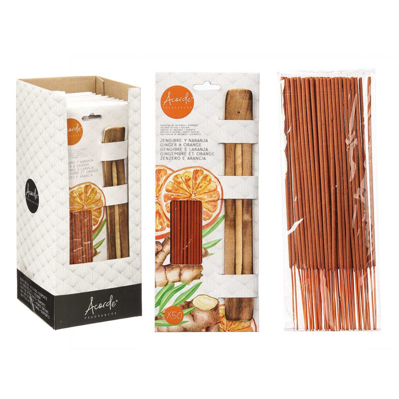 SET 50 BÂTONS D'ENCENS SUPPORT BOIS ORANGE GINGEM